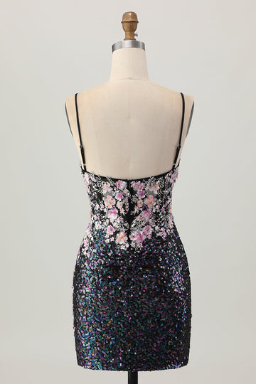 Sparkly Black Pink Flower Bodycon Corset Short Homecoming Dress with Sequins